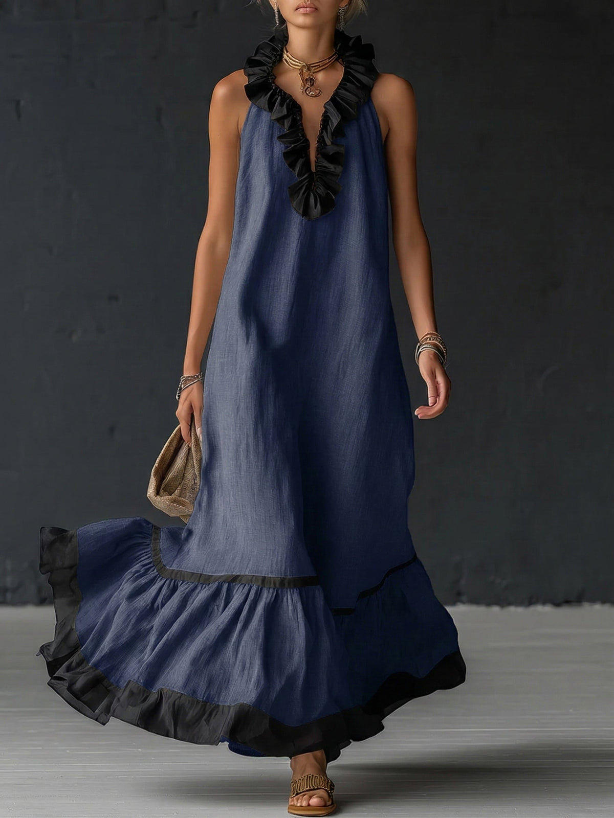 Robe longue à volants et bicolore de style bohème premium automne | Sofia