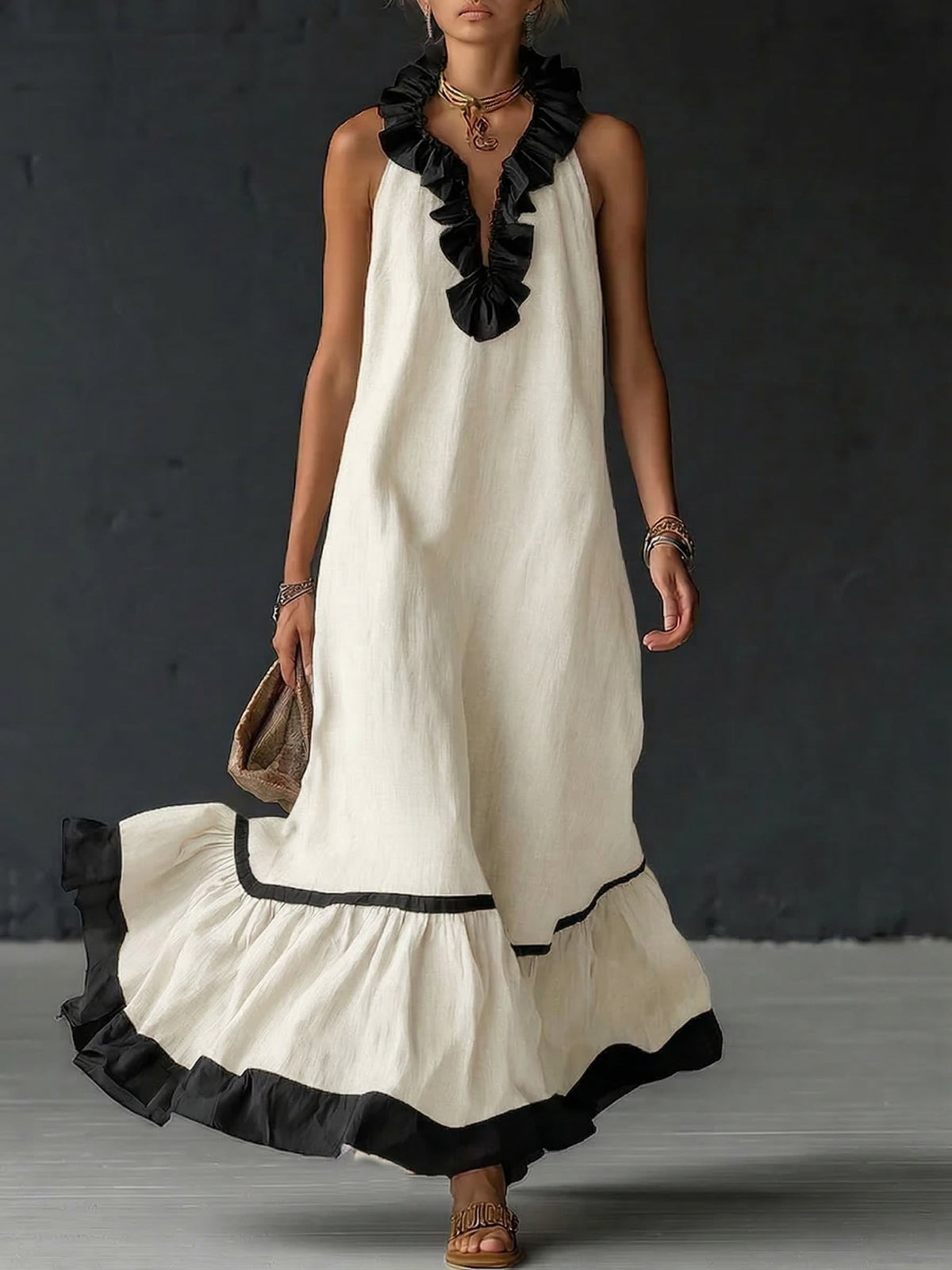 Robe longue à volants et bicolore de style bohème premium automne | Sofia