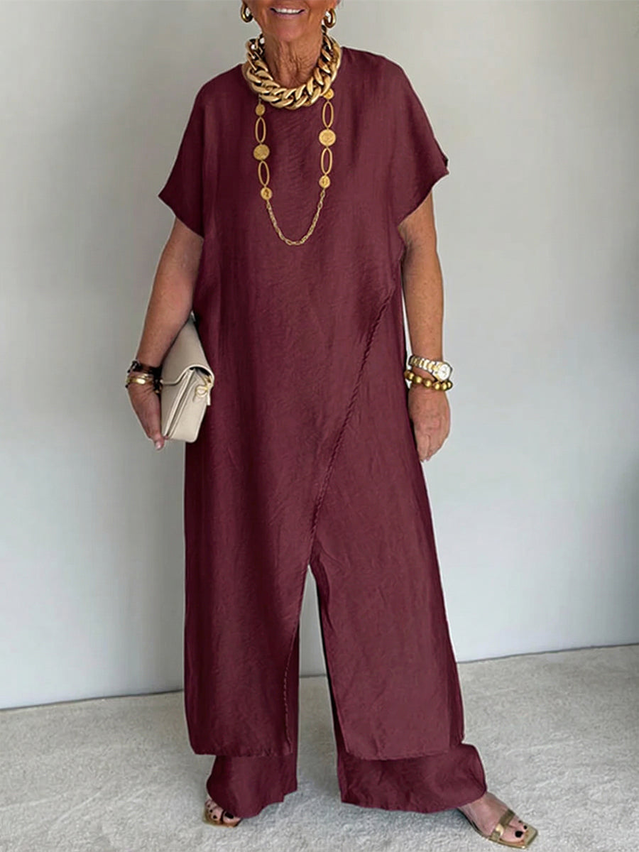 Conjunto de mujer de dos piezas con túnica larga asimétrica y pantalón ancho