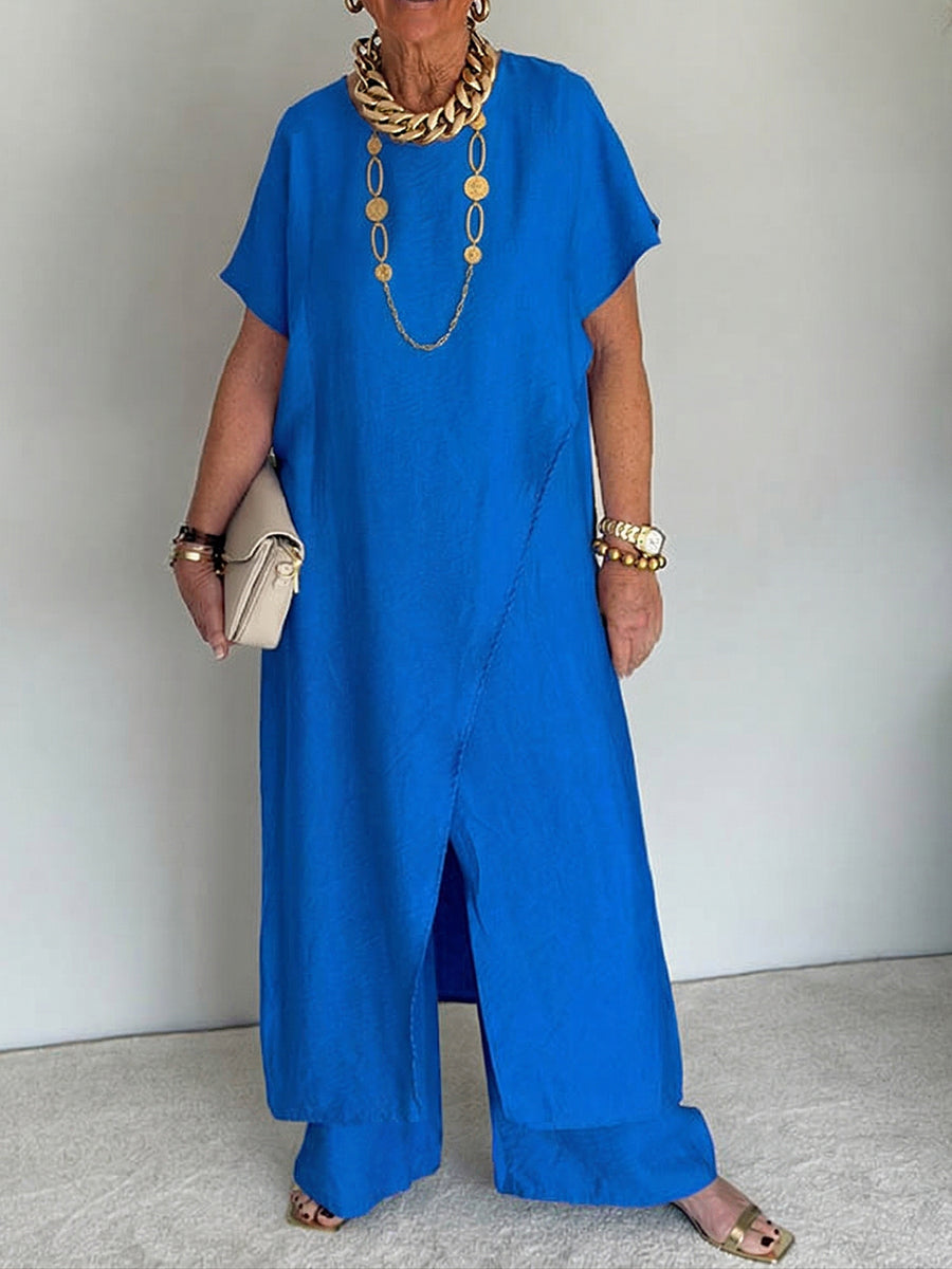Conjunto de mujer de dos piezas con túnica larga asimétrica y pantalón ancho