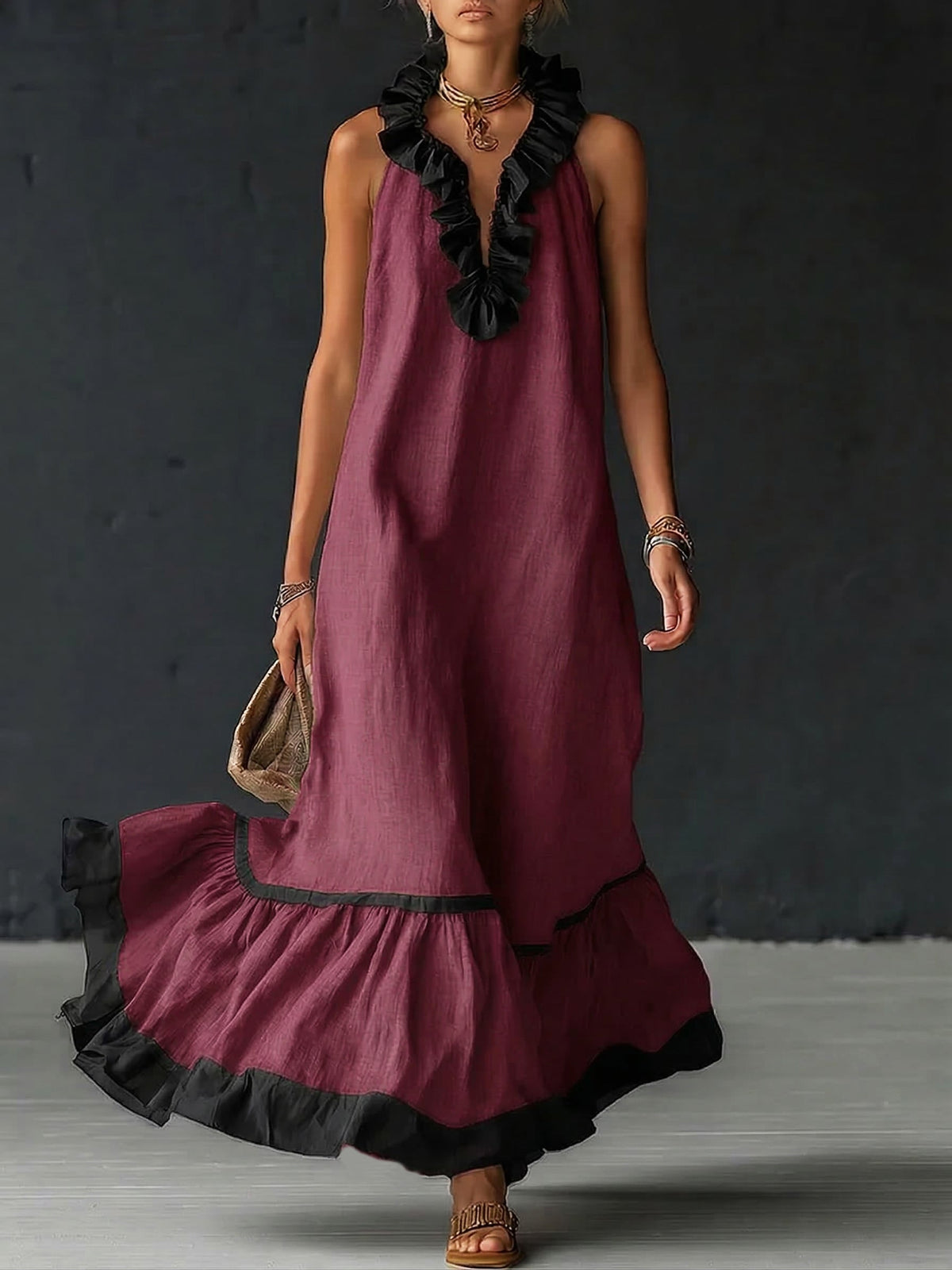 Robe longue à volants et bicolore de style bohème premium automne | Sofia