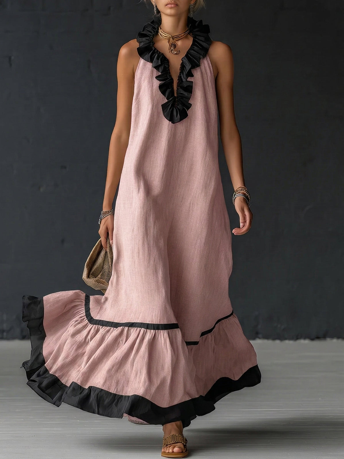 Robe longue à volants et bicolore de style bohème premium automne | Sofia