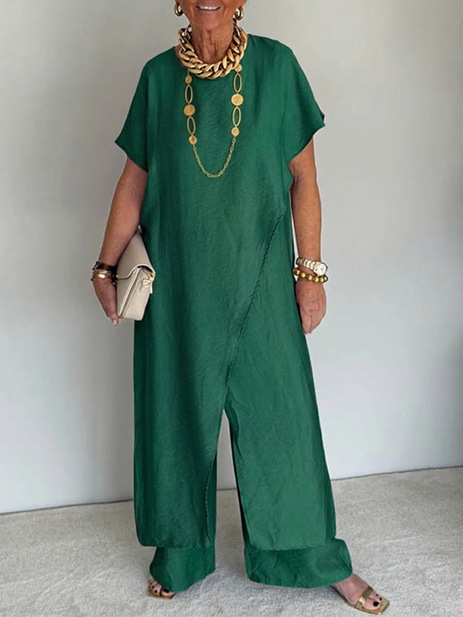 Conjunto de mujer de dos piezas con túnica larga asimétrica y pantalón ancho