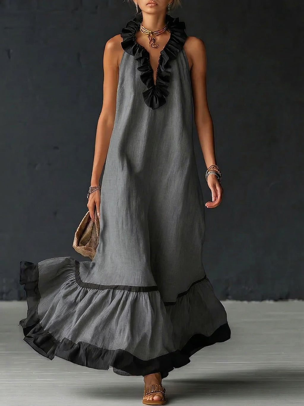 Vestido Maxi con Volantes y Bicolor Boho Premium Otoño | Sofia