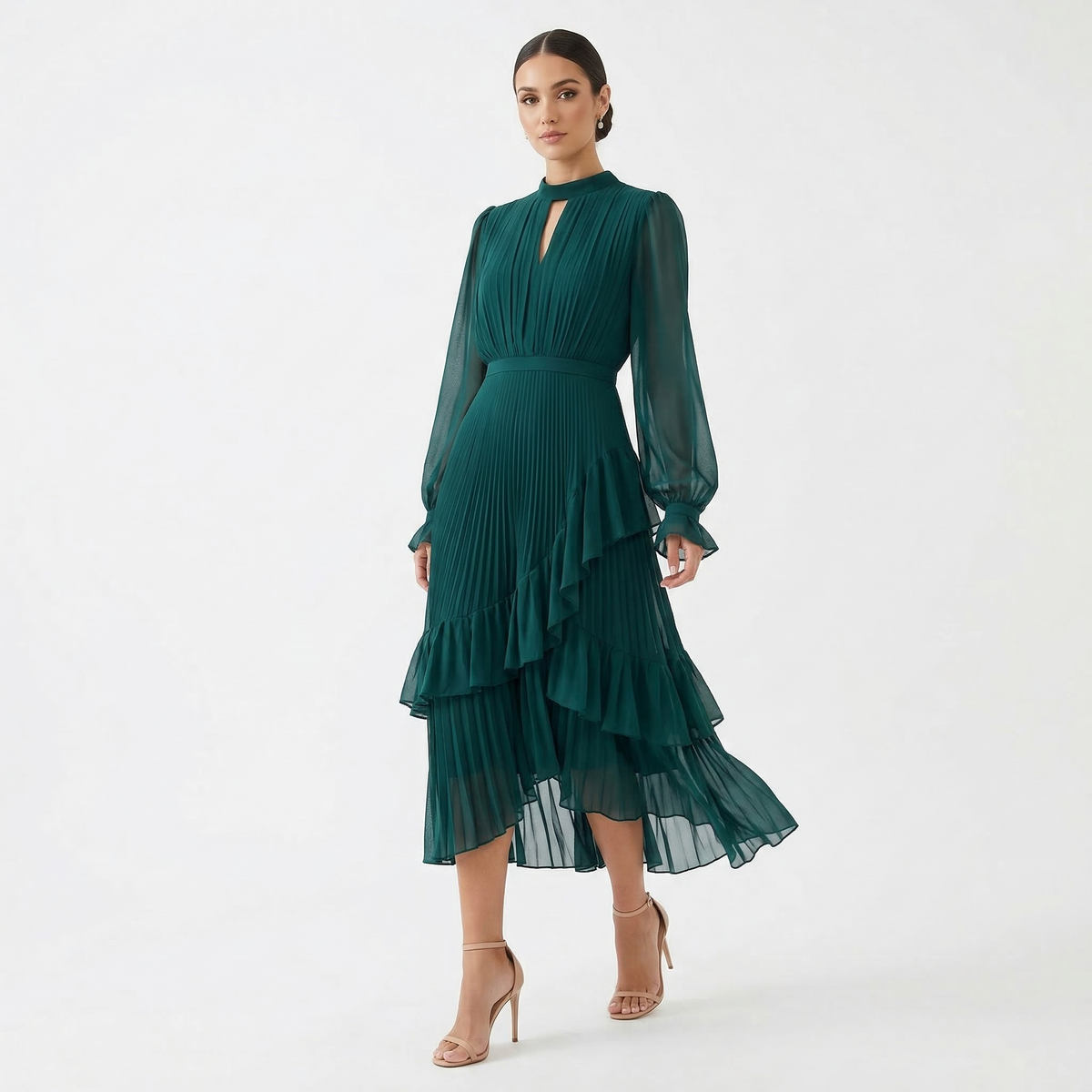 Vestido Midi Plisado con Volantes Mujer Cuello Alto | Paloma