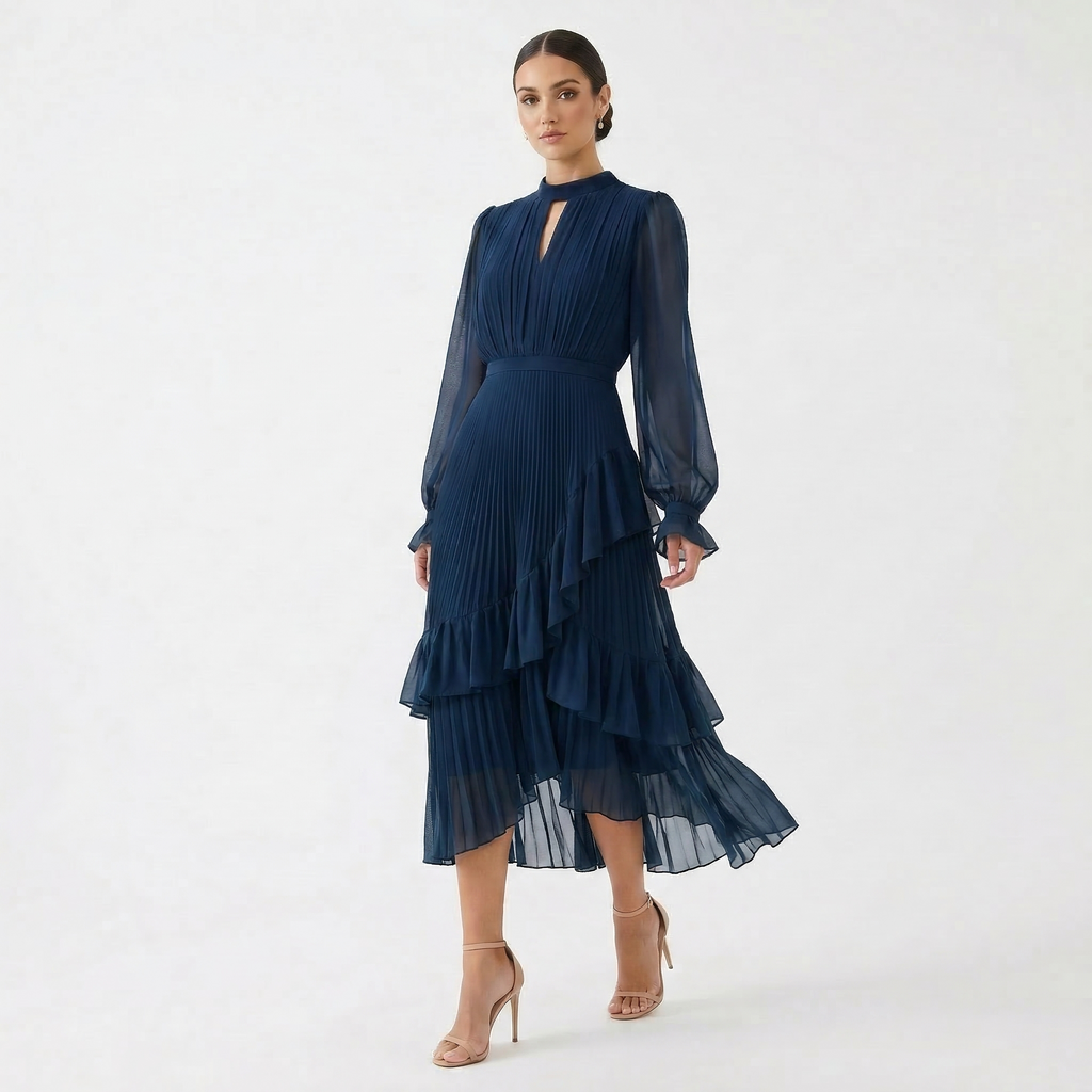 Vestido Midi Plisado con Volantes Mujer Cuello Alto | Paloma