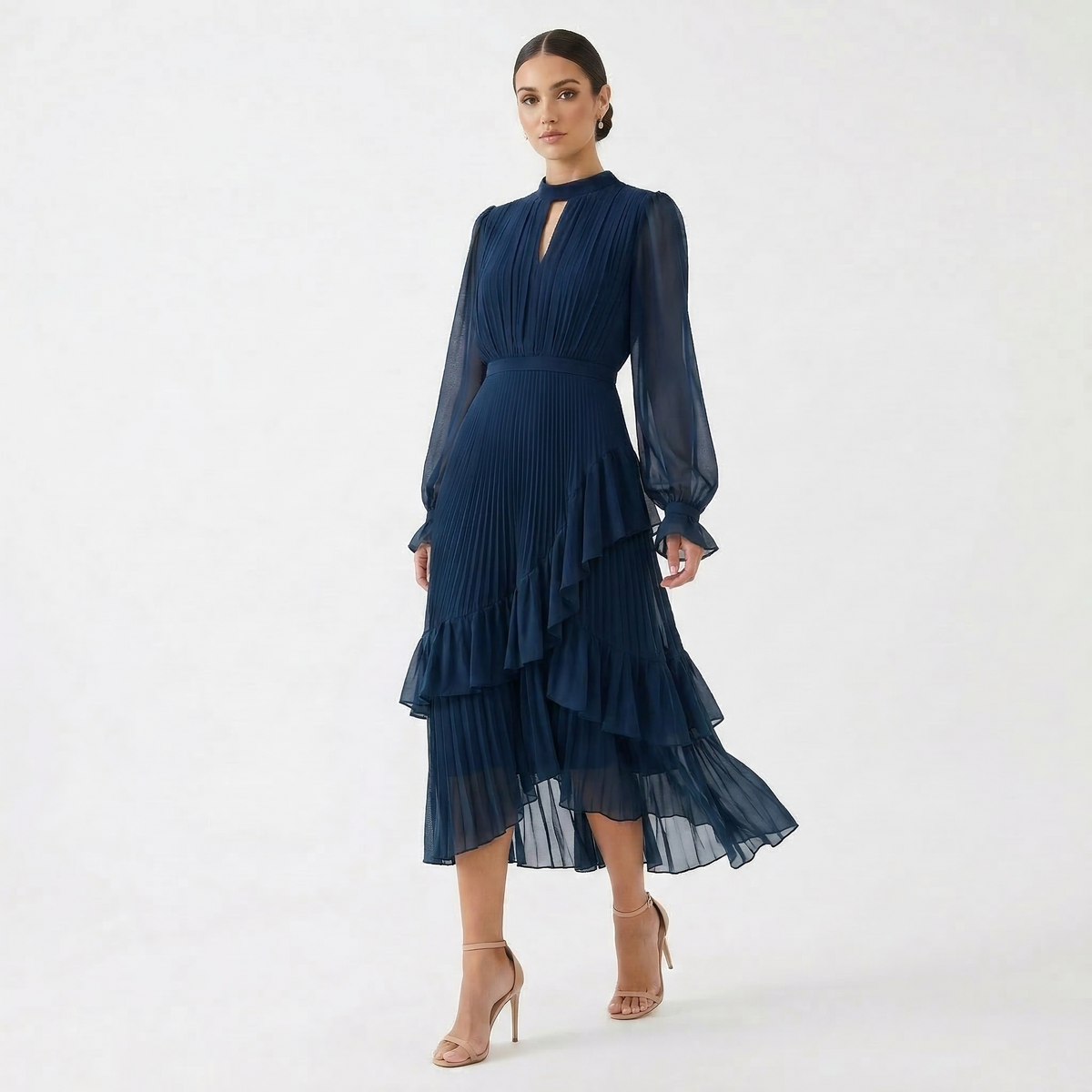 Vestido Midi Plisado con Volantes Mujer Cuello Alto | Paloma