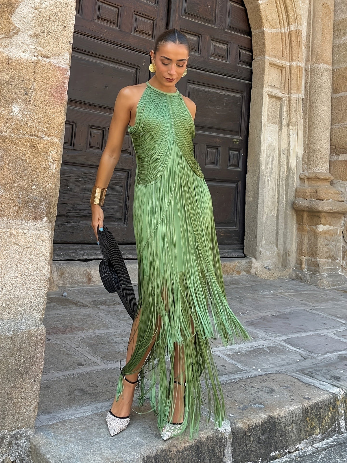 Robe de soirée longue à franges pour femme, col licou